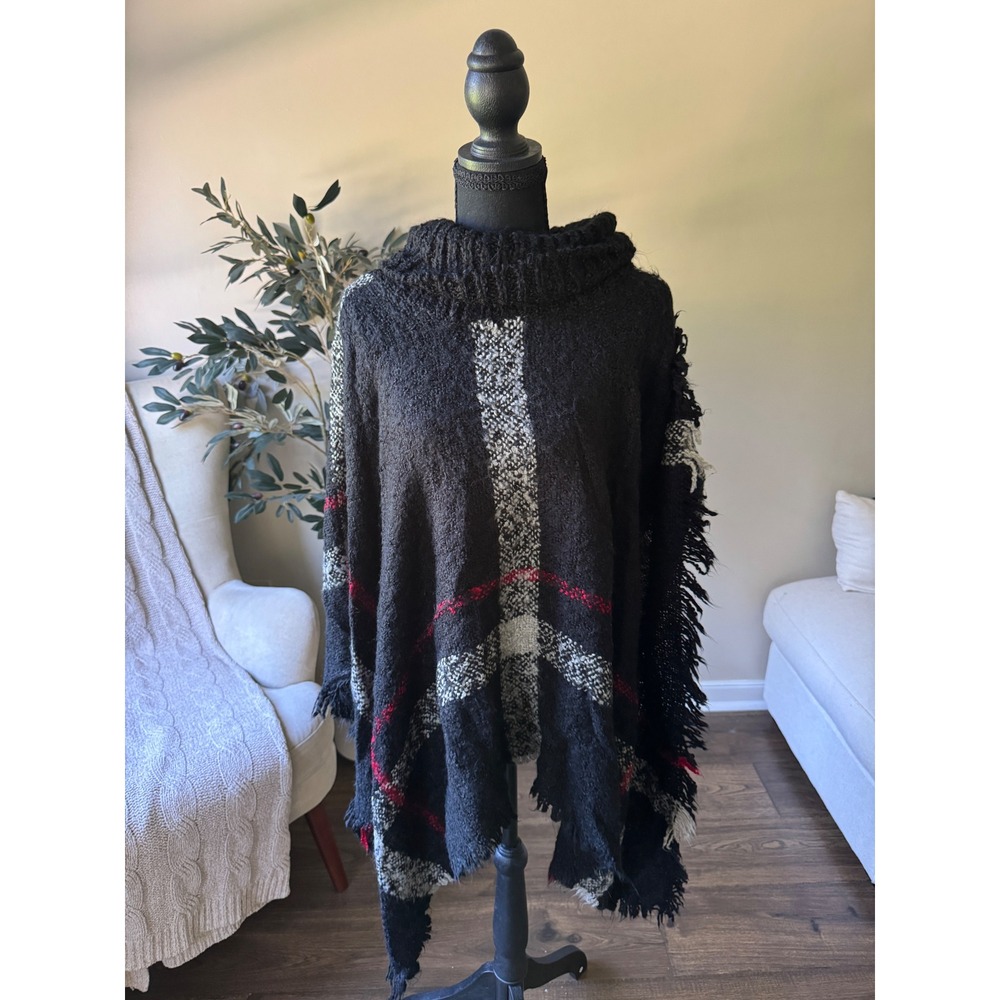 Ruyi Black Plaid Cowl Neck Poncho Sweater Fringe Trim OSFM Cozy Knit Wrap
